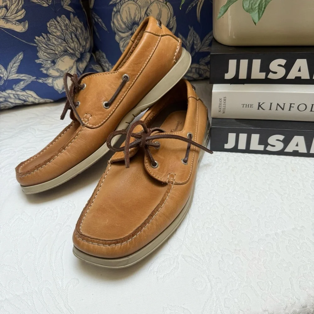 Tommy Bahama Tan and Brown Boat Shoes with Moccasin Construction